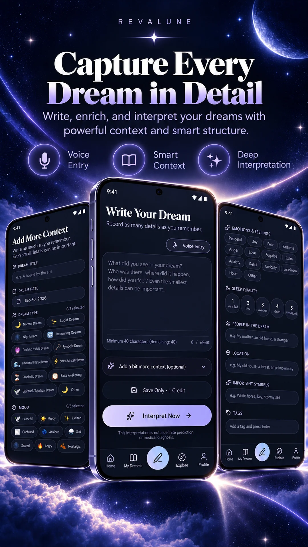 Revalune dream capture and detailed entry interface